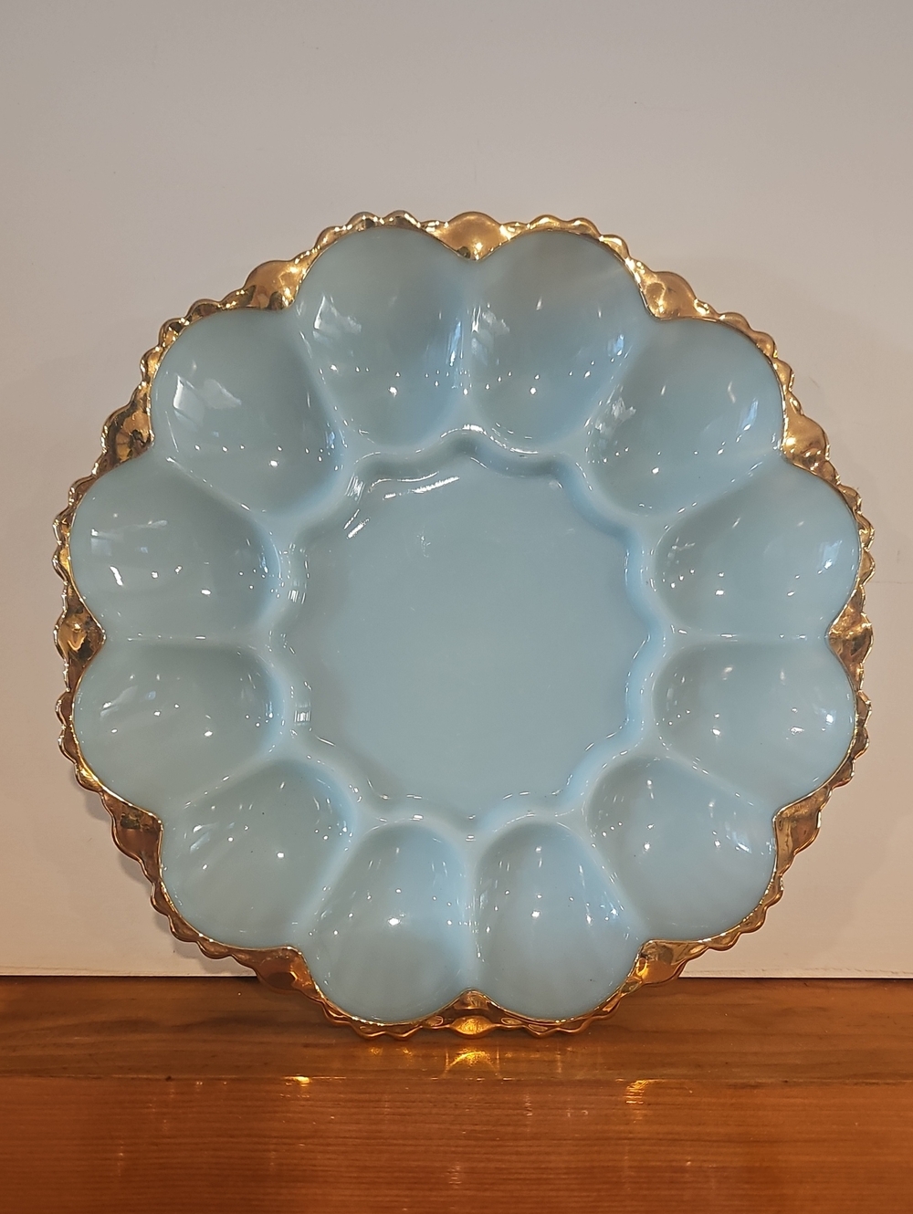 Vintage Fire-King Delphite Blue Glass Deviled Egg Plate with Gold Trim